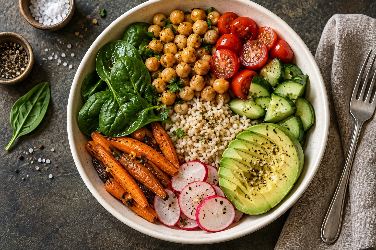 A bowl of pulses, grains, avocado and colourful vegetables on a dark table